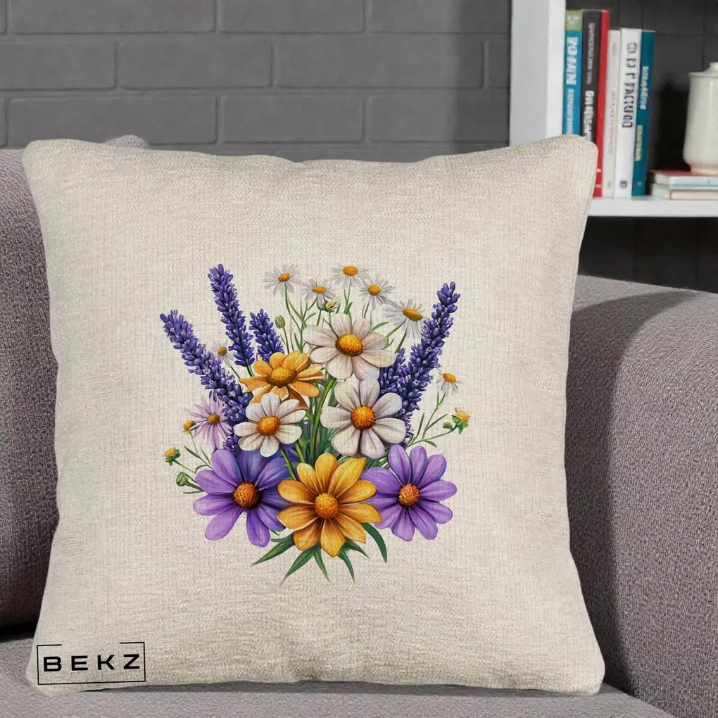 Perna Decorativa Lavanda Musetel si Flori Mov, 40x40 cm, Bej Canapea, Husa Detasabila, Perna Inclusa, BEKZ®