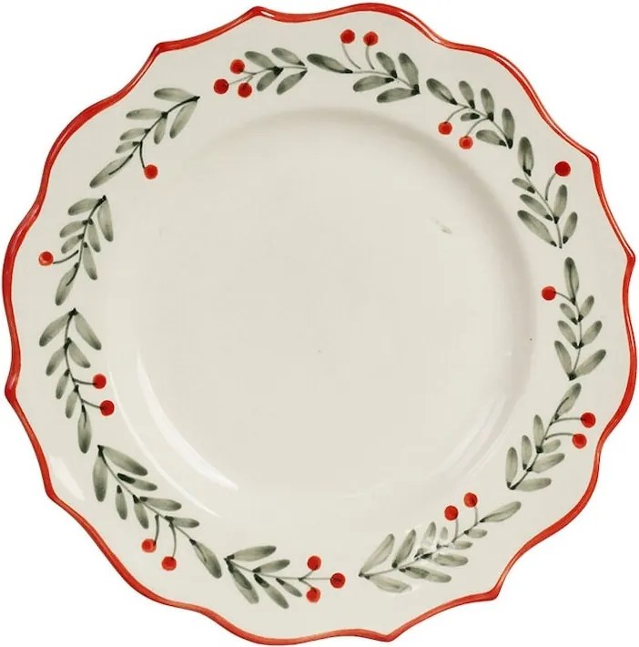 Farfurie din ceramică albă cu motiv de Crăciun pictat manual, margini ondulate, 21,5 cm, „Esther Lingonberry"