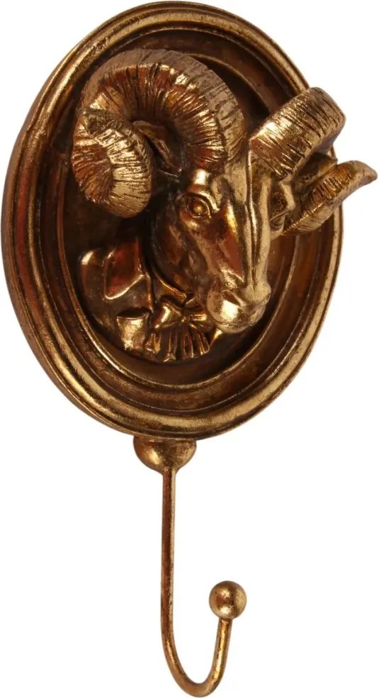 Agățătoare de perete din polirășină, auriu, model cap de berbec, finisaj antichizat, 19 x 11 x 5,5 cm, „Bélier”