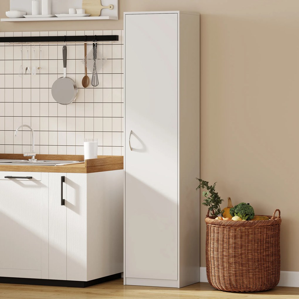 HOMCOM Dulap de Bucătărie Înalt Slim 180 cm, Mobilier cu 5 Rafturi și Ușă Soft Close, Anti-Răsturnare, Rafturi Reglabile, Mobilier Modern pentru Bucătărie, Alb | Aosom Romania