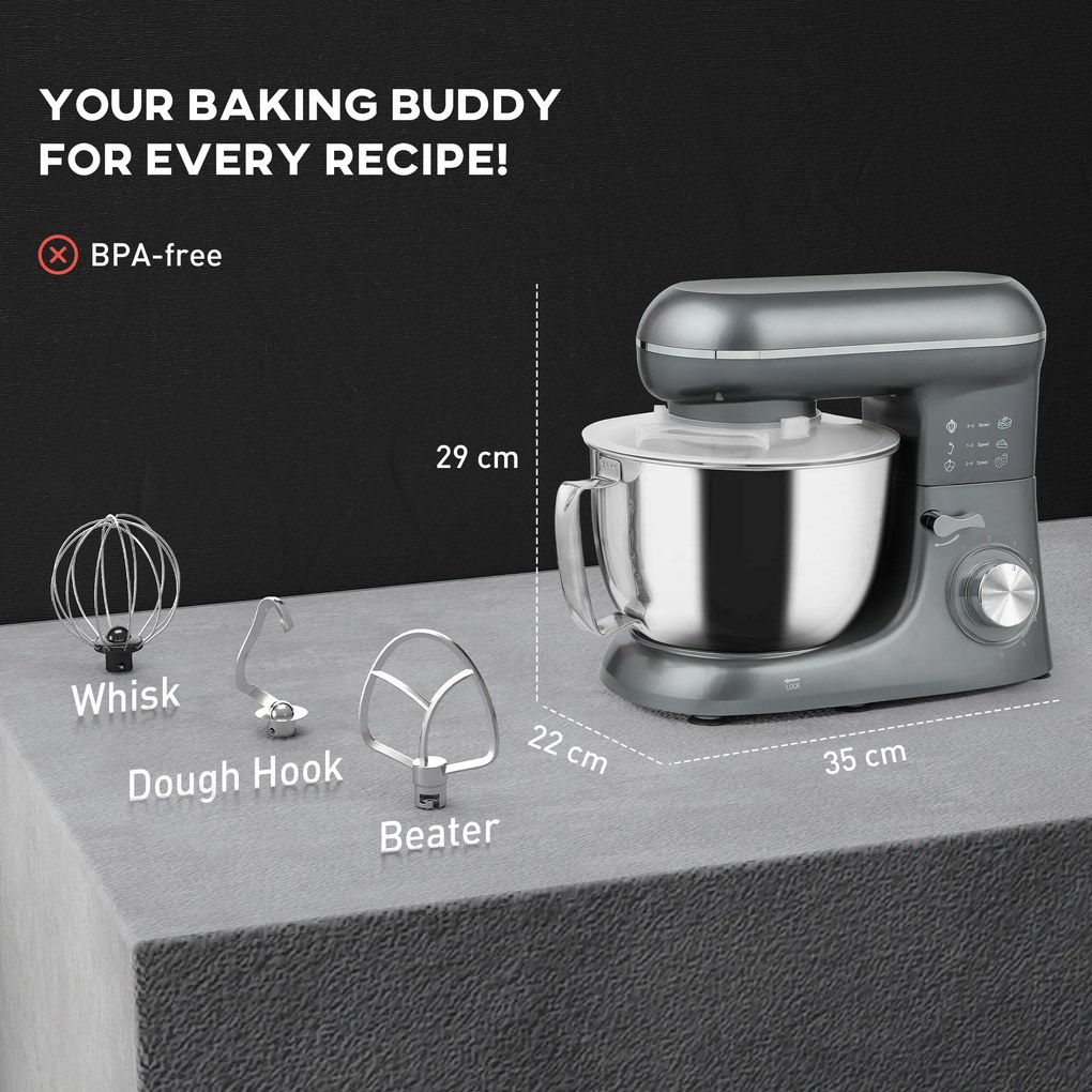 HOMCOM Robot de patiserie 1300 W, robot pentru frământat profesional 4,5 L, bol din oțel inoxidabil, 6+P viteze și funcție pulse, argintiu | Aosom Romania