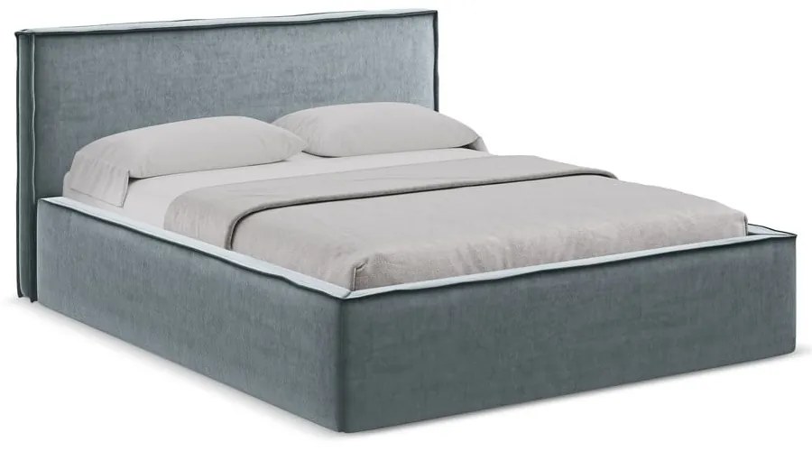 Pat matrimonial albastru deschis tapițat cu spațiu de depozitare cu somieră 140x200 cm Anani – Makamii