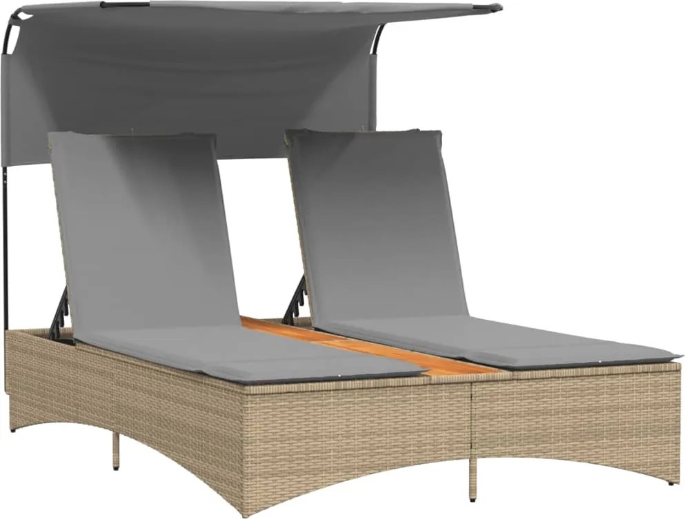 vidaXL Șezlong dublu cu baldachin și perne, bej combinat, poliratan
