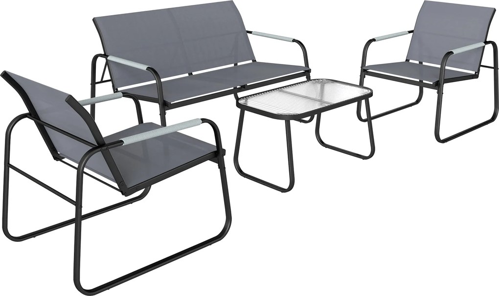 Outsunny Set de Grădină 4 Piese, Canapea cu 2 Locuri, 2 Fotolii, Măsuță din Sticlă Temperată, Gri | Aosom Romania
