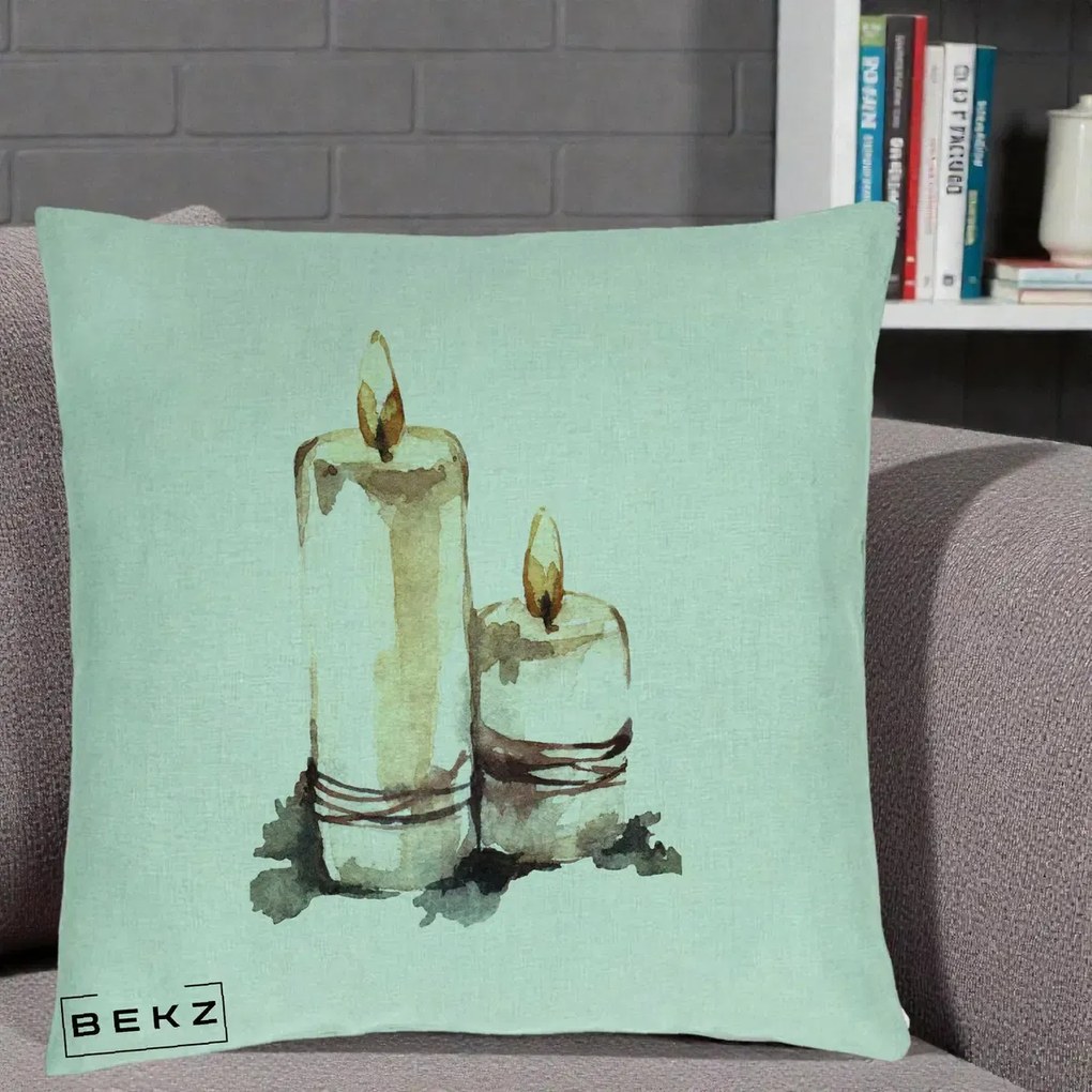 Perna Decorativa Lumanari Acuarela Iarna, 40x40 cm, Verde Menta, Husa Detasabila, Perna Inclusa, BEKZ®