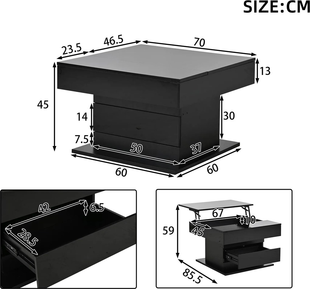 Masă de cafea rotativă 360° cu funcție de ridicare, spațiu de depozitare ascuns și 1 sertar, 70x70x45 cm, Negru