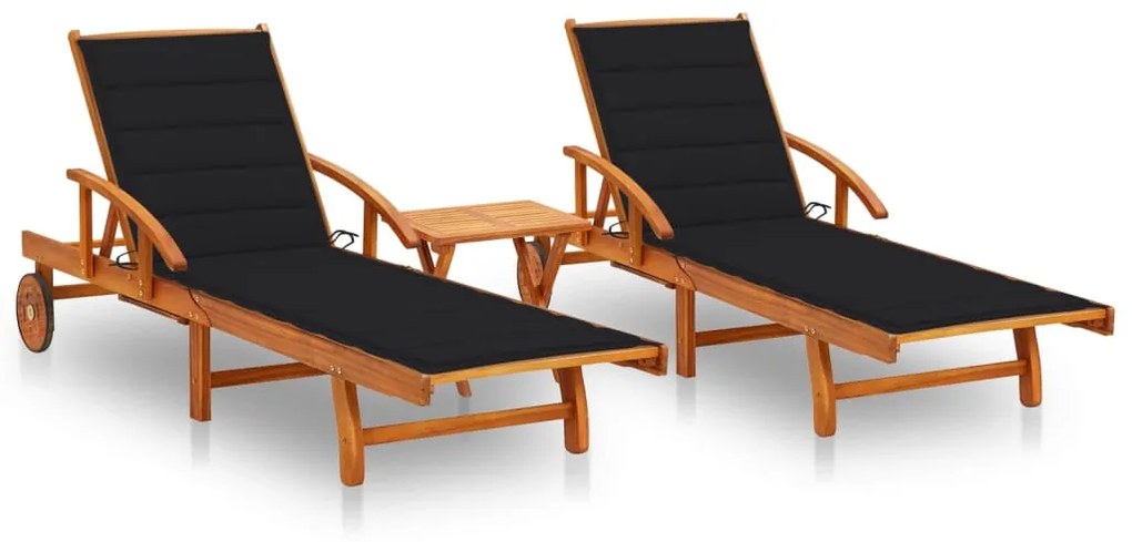 3077352 vidaXL Șezlonguri cu masă și perne, 2 buc., lemn masiv de acacia