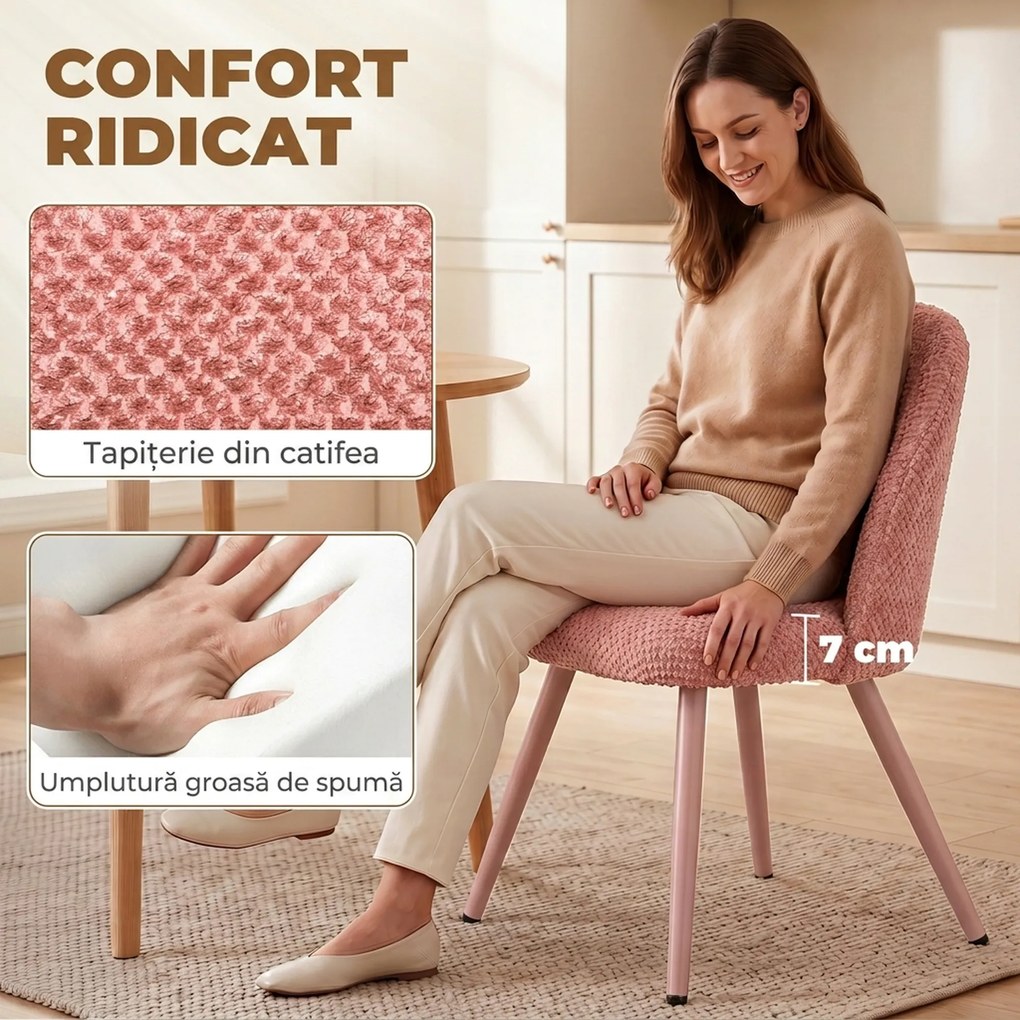 HOMCOM Set de 2 Scaune de Pranzo Moderne și Capitonate, Roz | Aosom Romania