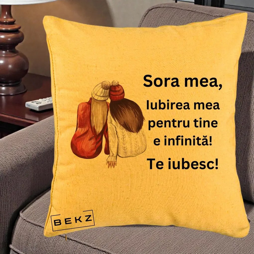Cadou pentru Sora - Perna Personalizata Sora Mea Te Iubesc Doua Fete Iarna Acuarela, 40x40 cm, Galben, Husa Detasabila, Perna Inclusa, BEKZ®