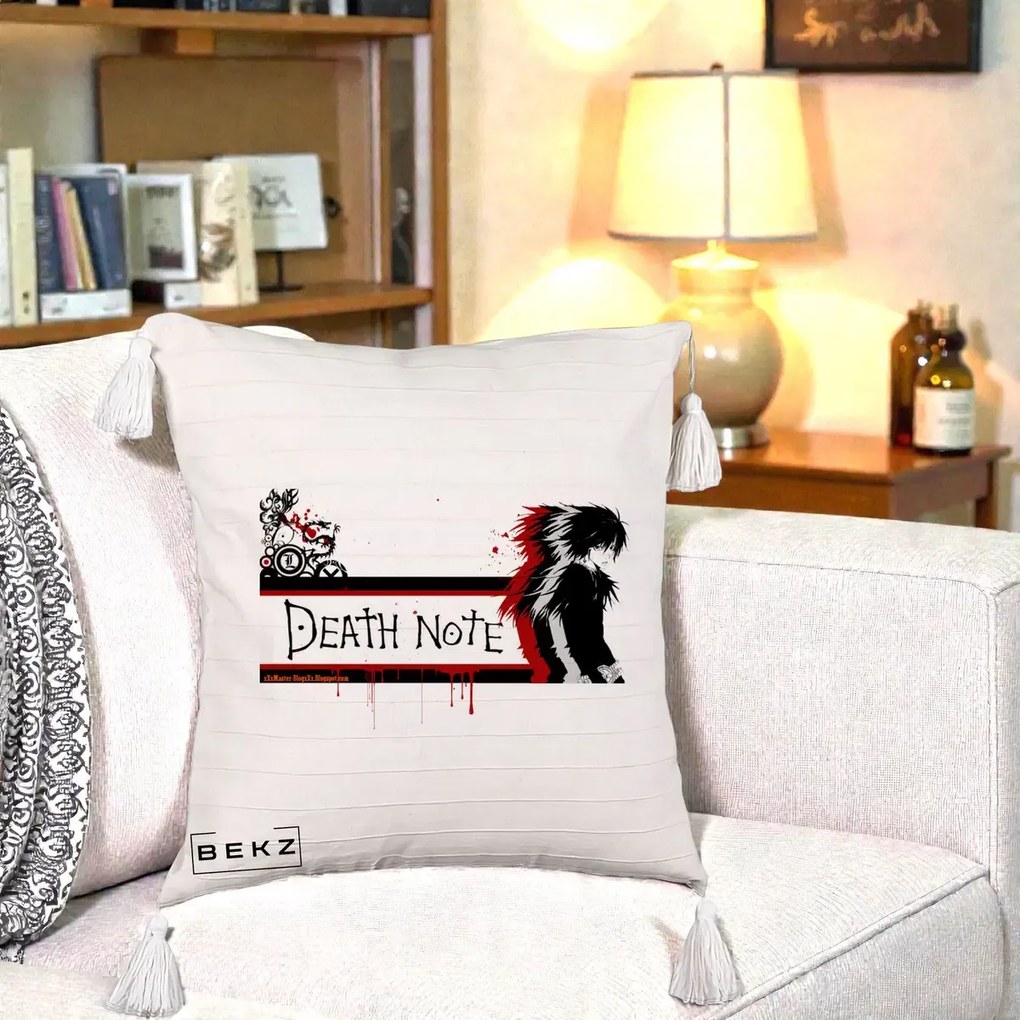 Perna Personalizata Death Note L Lawliet Rosu-Negru, 40x40 cm, Bej cu Franjuri, Husa Detasabila, Perna Inclusa, BEKZ®