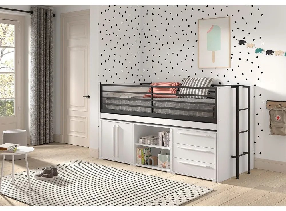 Pat pentru copii alb înalt cu spațiu de depozitare cu somieră 90x200 cm Sam – Vipack