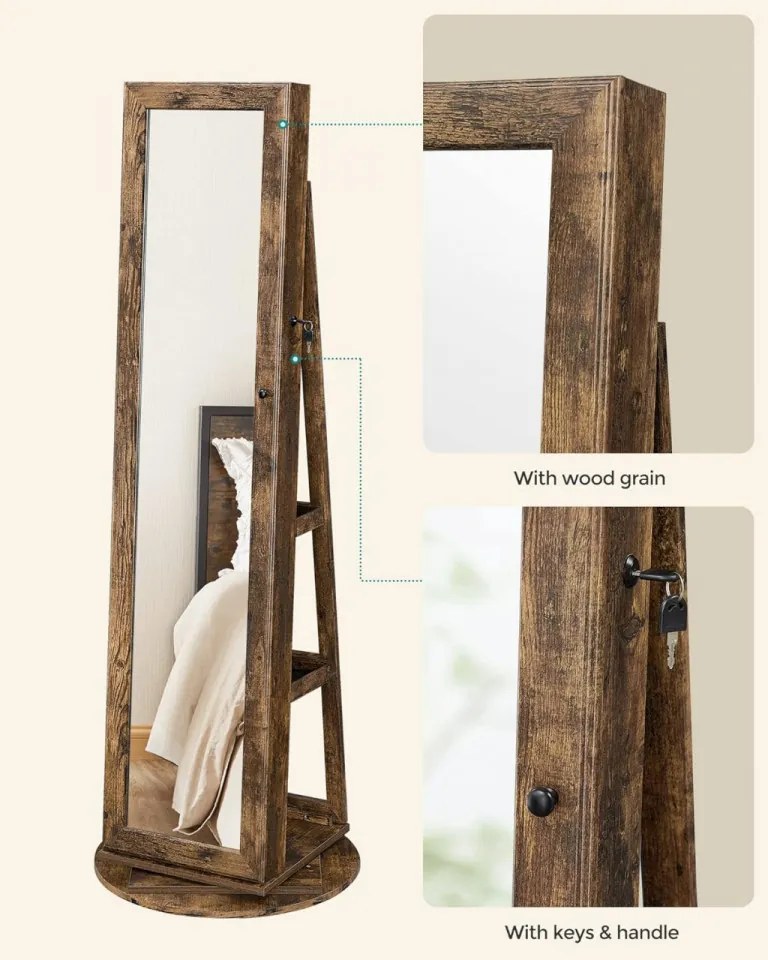 Dulap bijuterii cu oglinda, MDF melaminat / catifea, maro rustic, Songmics