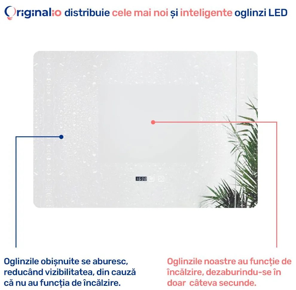 Oglindă LED Dreptunghiulară (90x65 cm), 3 Moduri Iluminare (Lumină Rece, Naturală, Caldă), Intensitate Reglabilă, Funcție Dezaburire, Ceas (Timer) și Termometru, Control Tactil (Touch)