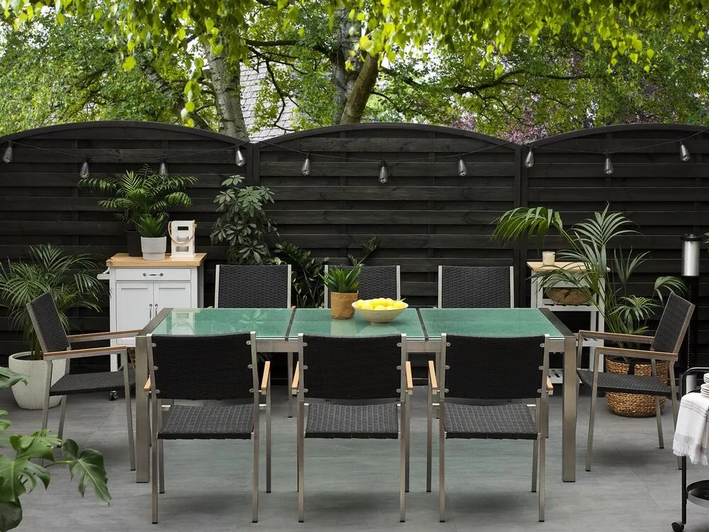 Set de masă pentru grădină Grosso (negru) (blat din sticlă 210x100 cm) (scaune din ratan). 1011751