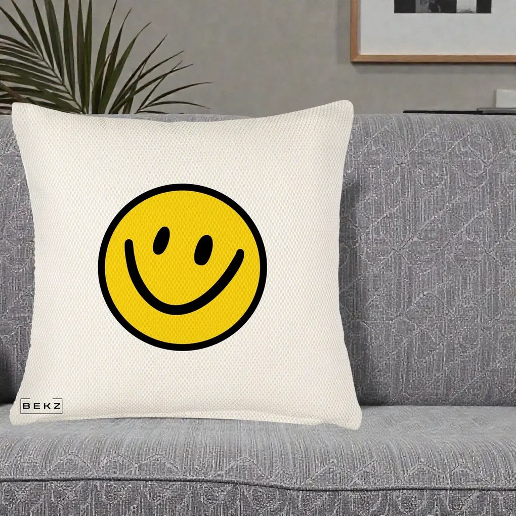 Perna Decorativa Smiley Face Galben Clasic, 40x40 cm, Crem Reliefat, Husa Detasabila, Perna Inclusa, BEKZ®