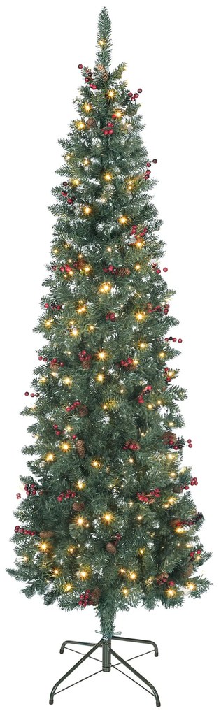HOMCOM Pom de Crăciun Slim 210 cm Artificial, Lumini Incorporate în 8 Moduri, 300 Ramuri Dens Ignifuge Înzăpezite, 55 Conuri și 55 Ciorchini de Boabe, Pom de Crăciun Îngust și Înalt cu Bază din Metal | Aosom Romania