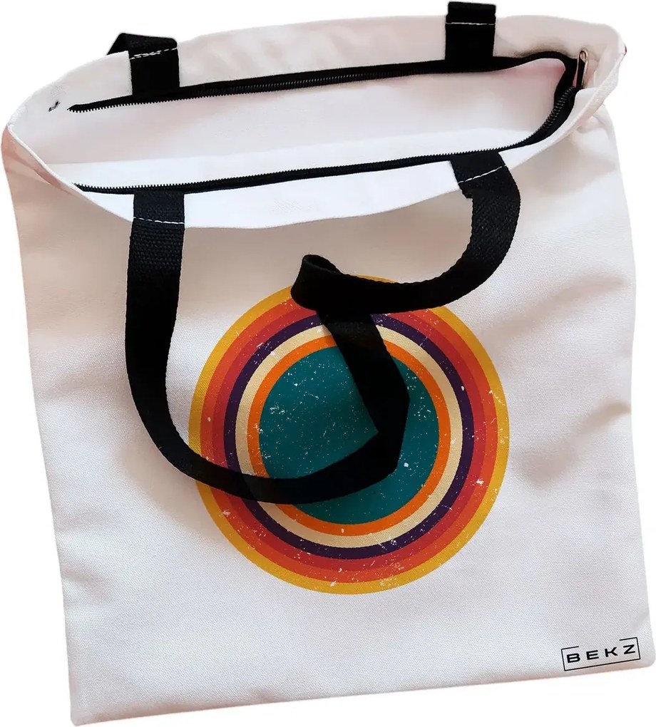Sacosa de Panza pentru Cumparaturi, Geanta Tote, model Retro Concentric Circles, Cu fermoar, 38x34.5 cm, Alba, BEKZ®