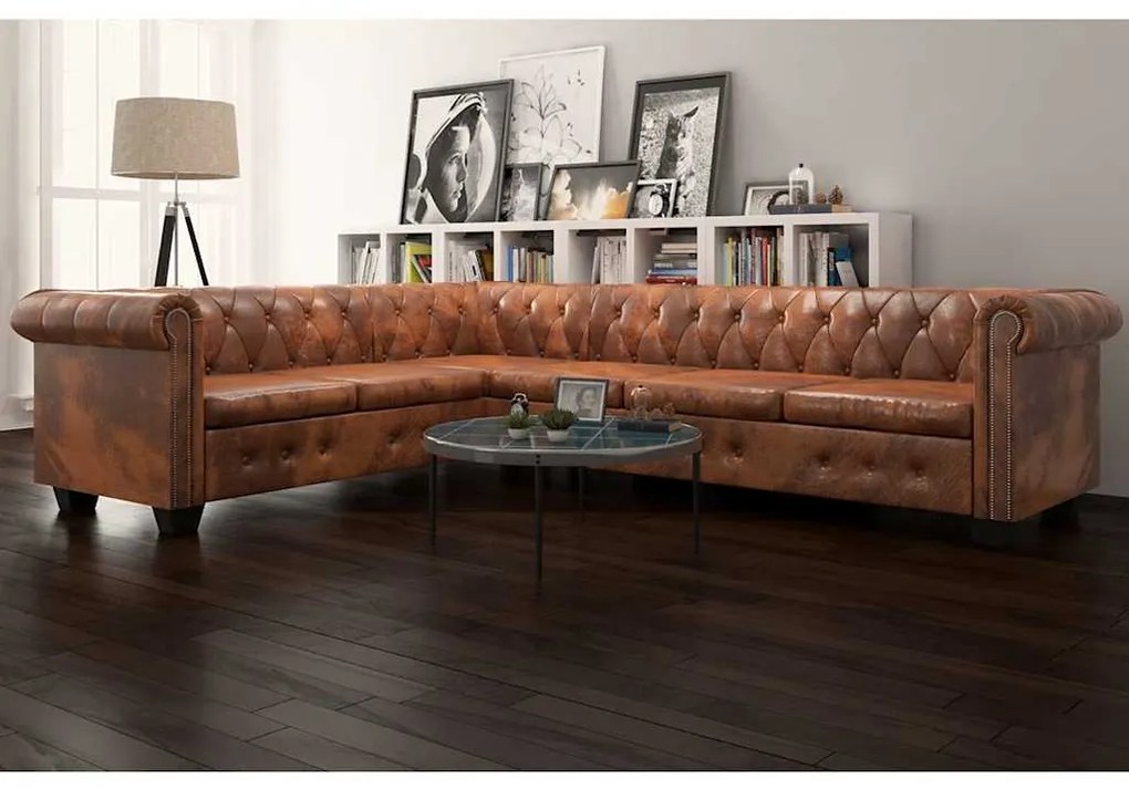 vidaXL Canapea colțar Chesterfield, 6 locuri, piele artificială, maro