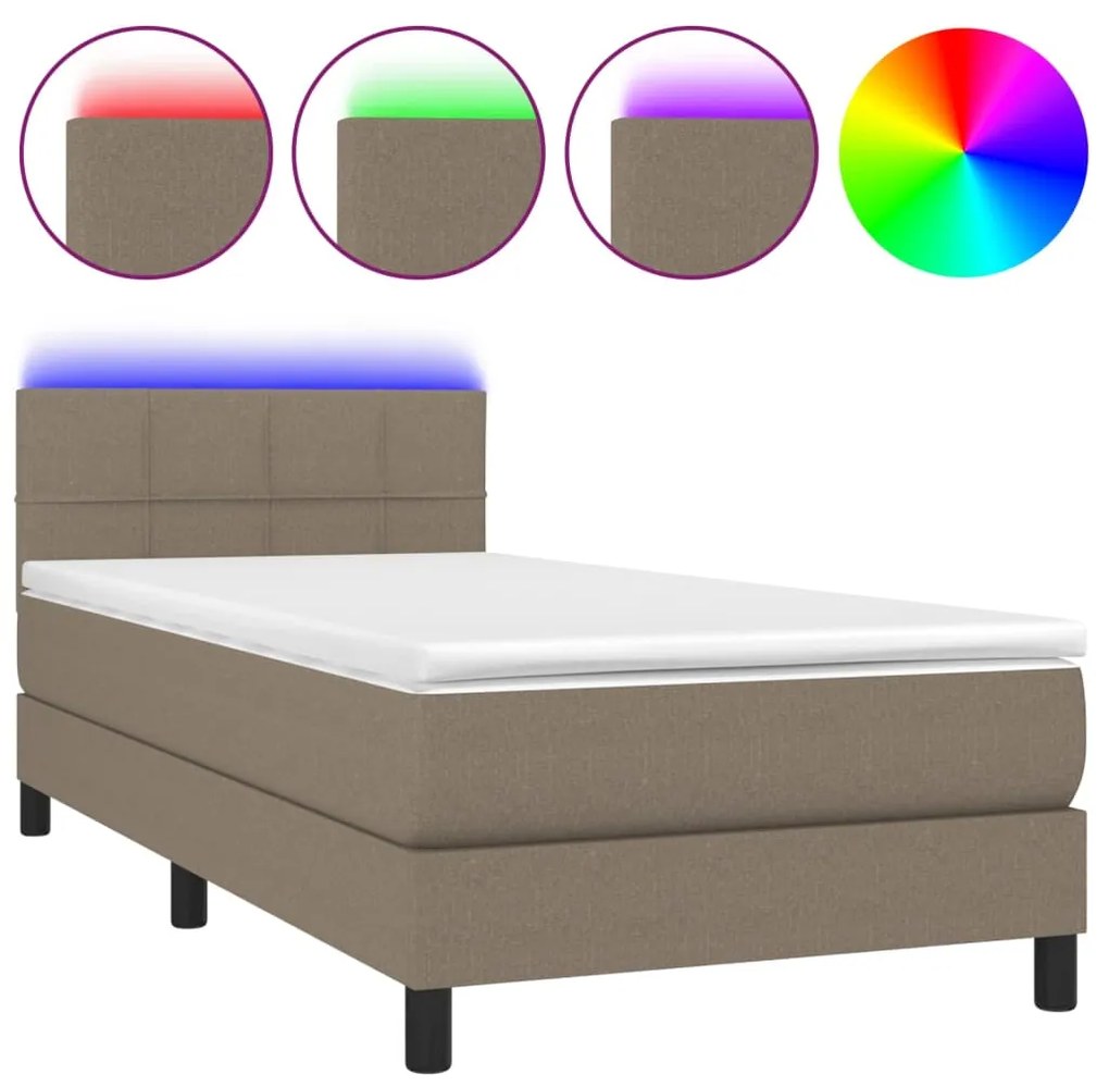 3133121 vidaXL Pat cu arcuri, saltea și LED, gri taupe, 90x190 cm, textil