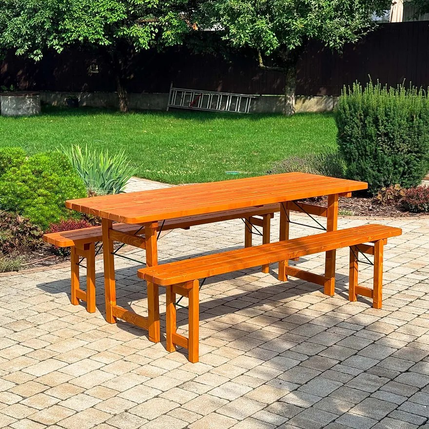 Set de bere pliabil Premium, 195 cm, grosime blat 40 mm din lemn masiv, finisaj cireș