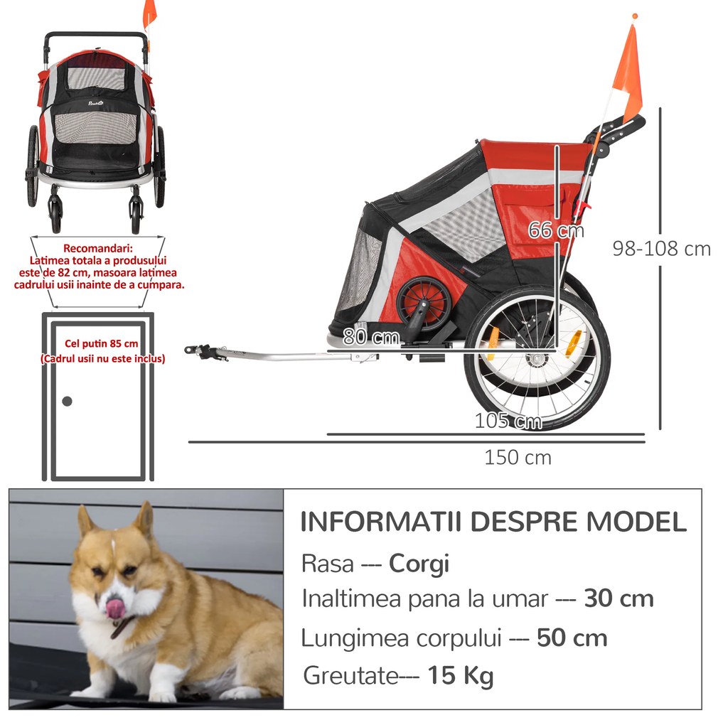 PawHut Remorcă Bicicletă pentru Câini, Pliabilă, 2 în 1, Siguranță Maximă, 150x82x98/108 cm, Roșu | Aosom Romania
