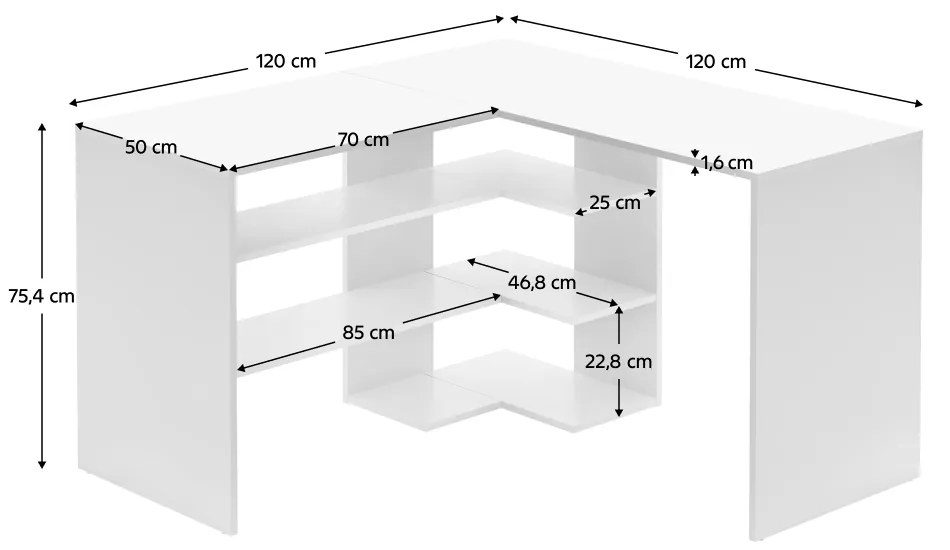 Birou pentru colt , pal alb , 120 x 120 cm, 50 cm adancime, cu rafturi 120 cm, 120 cm, alb