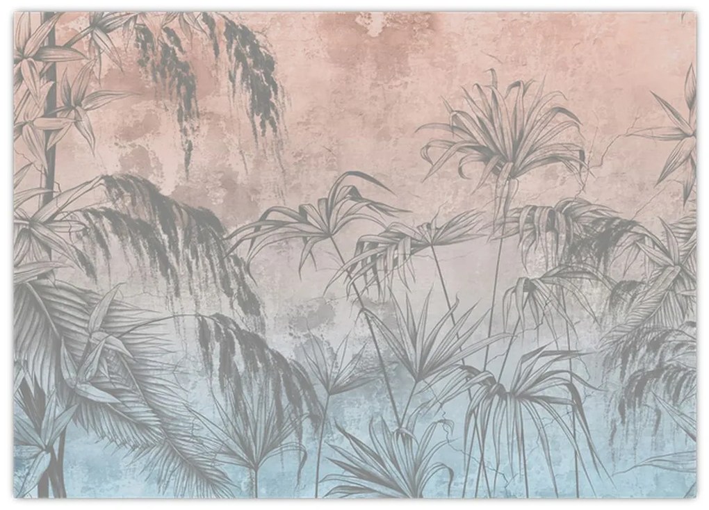 Tablou pe sticlă - Plante tropicale pe perete (70x50 cm)