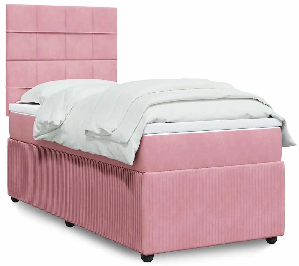 vidaXL Pat box spring cu saltea, roz, 90x190 cm, catifea