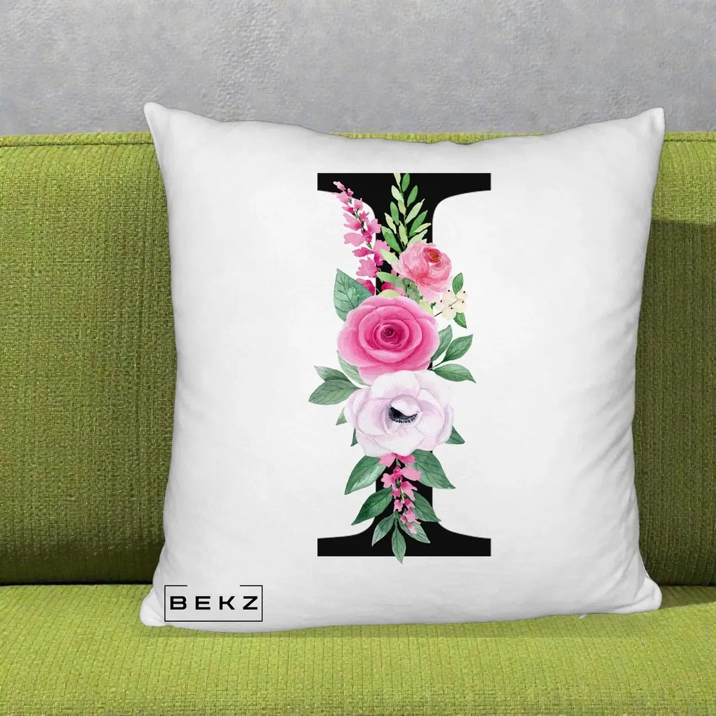 Cadou Personalizat - Perna Personalizata Monograma Florala Litera I, 40x40 cm, Alb Pufos, Husa Detasabila, Perna Inclusa, BEKZ®