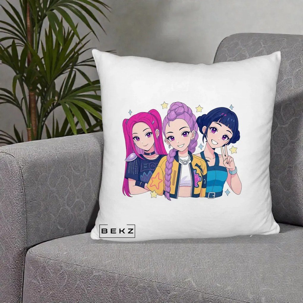 Perna Personalizata K-pop HUNTRX Trio Anime Stele, 40x40 cm, Alb Pufos, Husa Detasabila, Perna Inclusa, BEKZ®