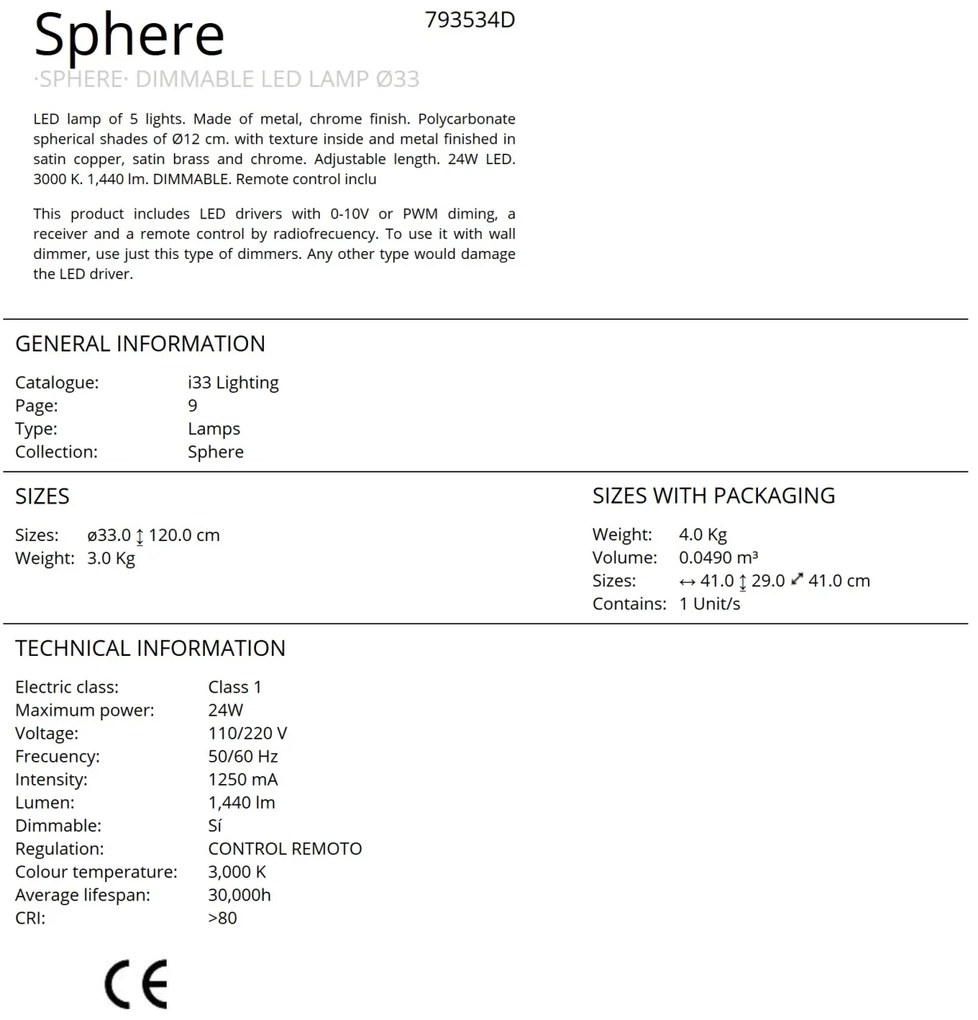 Lustra LED dimabila cu telecomanda Sphere 5L SV-793534D