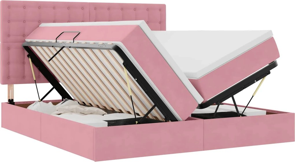 vidaXL Pat cu storage cu saltea cu headboard Roz 200 x 200 cm Catifea