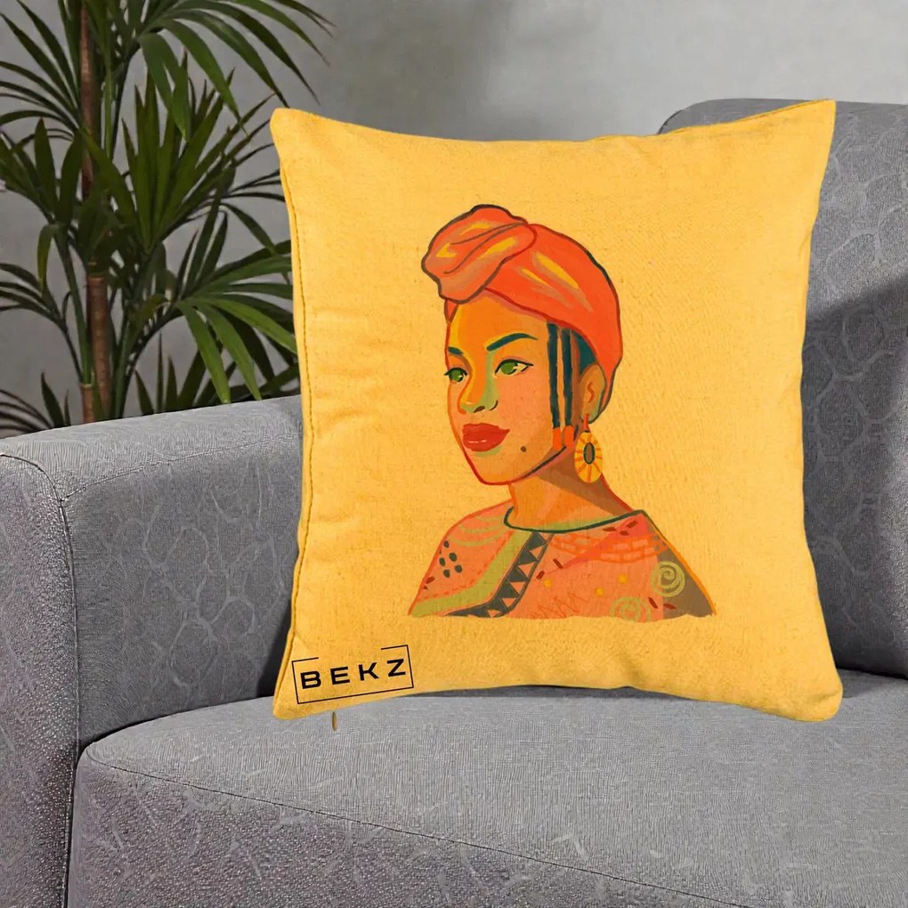 Perna Decorativa Portret Femeie Africana, 40x40 cm, Galben, Husa Detasabila, Perna Inclusa, BEKZ®