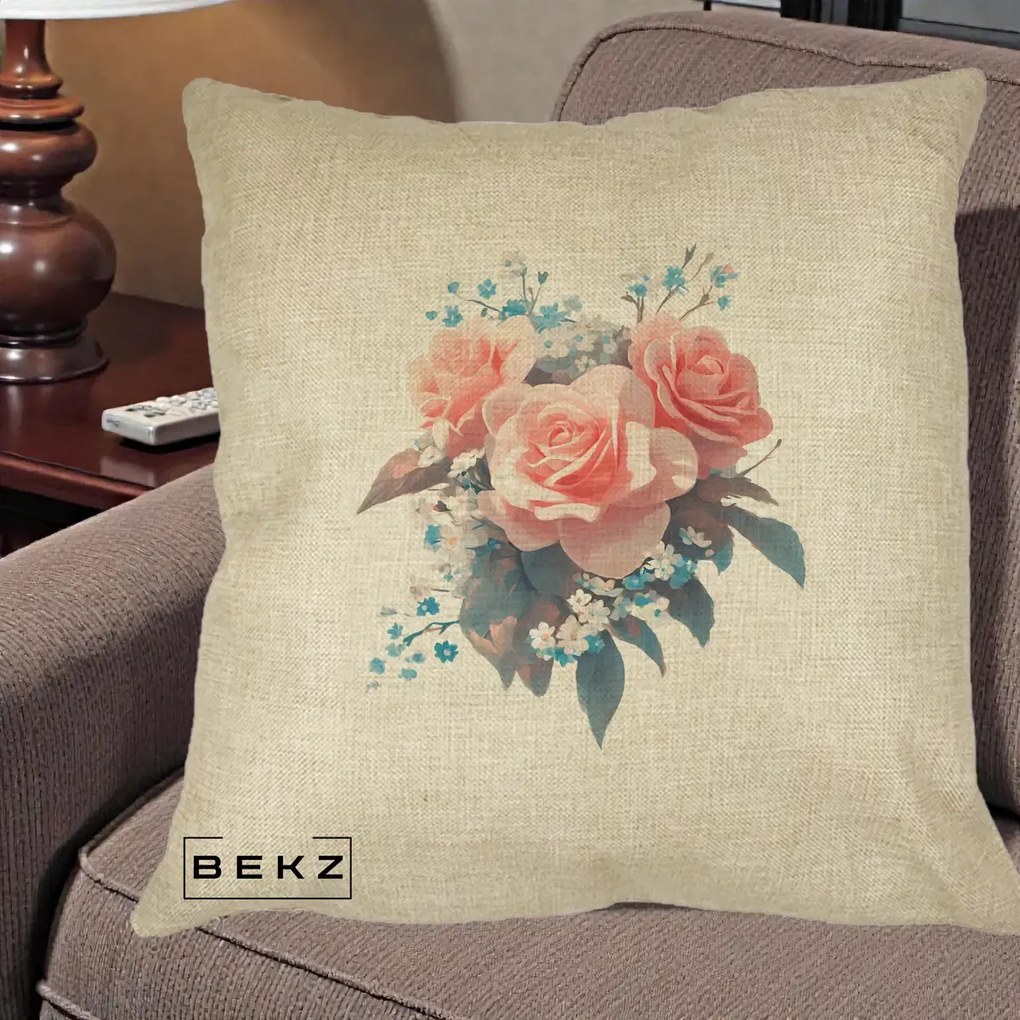 Perna Decorativa Trandafiri Roz cu Floricele Albastre, 40x40 cm, Crem, Husa Detasabila, Perna Inclusa, BEKZ®