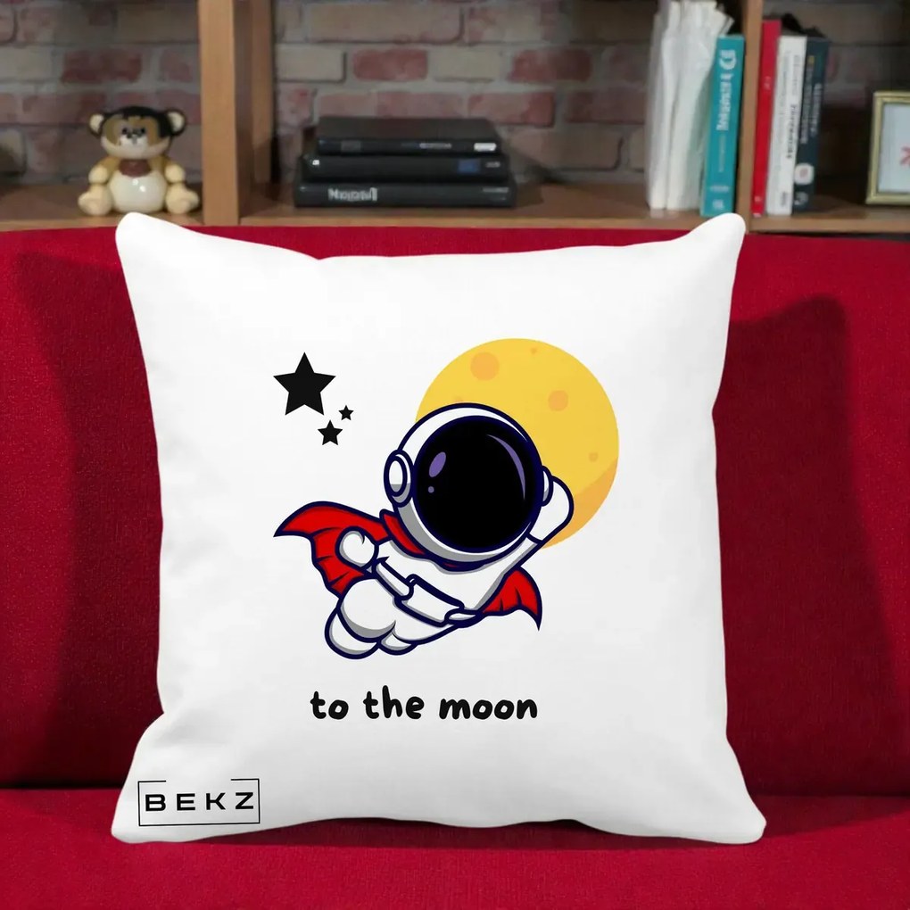 Perna Decorativa Astronaut To The Moon, 40x40 cm, Alba Mata, Husa Detasabila, Perna Inclusa, BEKZ®