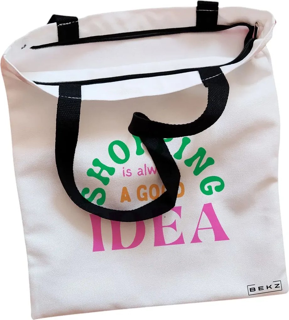 Sacosa de Panza pentru Cumparaturi, Geanta Tote, model Shopping is always a good idea, Cu fermoar, 38x34.5 cm, Alba, BEKZ®