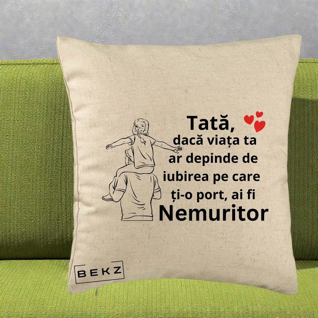 Cadou pentru Tata - Perna Personalizata Tata Supererou Nemuritor, 40x40 cm, Bej, Husa Detasabila, Perna Inclusa, BEKZ®