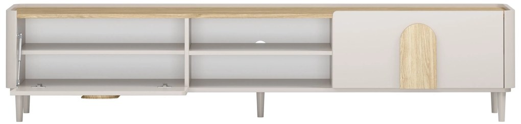 Comodă TV Amilio 220 cm cu sertar pe picioare - cashmir / stejar uleiat / mânere stejar deschis