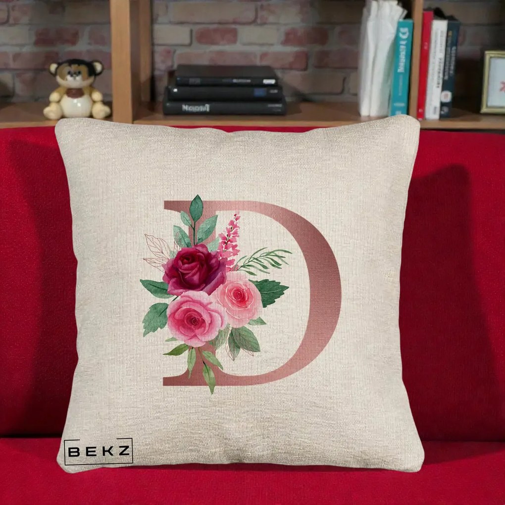 Cadou Personalizat - Perna Personalizata Monograma Rose Gold Litera D, 40x40 cm, Bej Canapea, Husa Detasabila, Perna Inclusa, BEKZ®