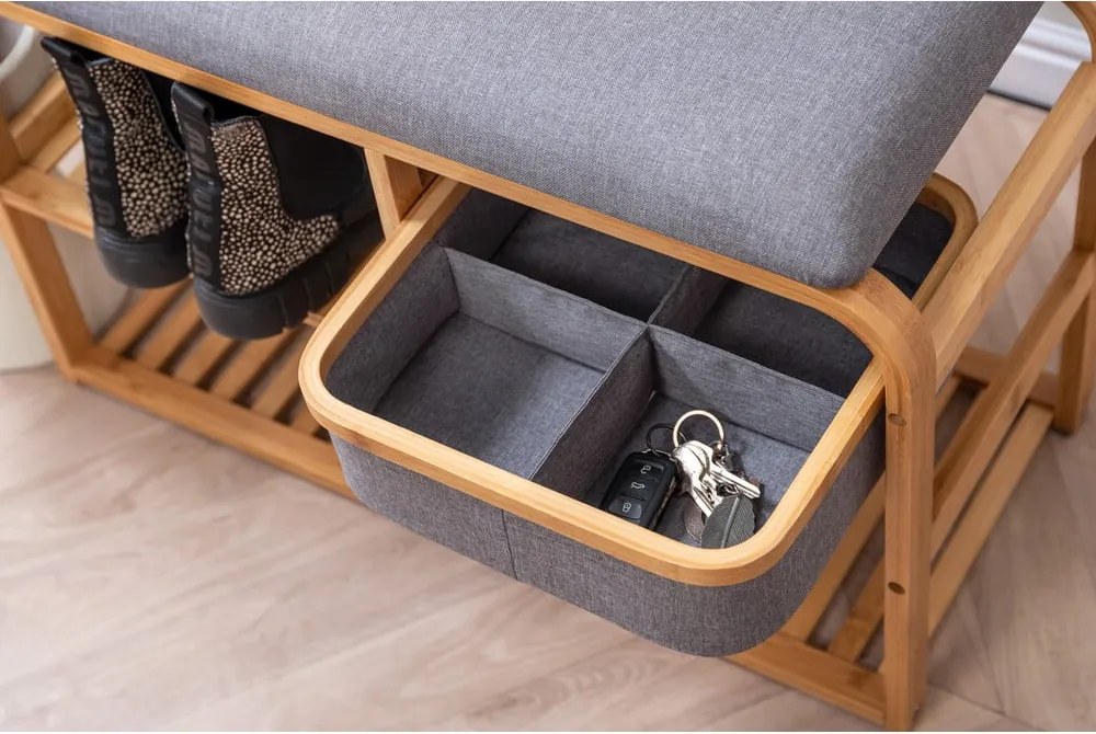 Pantofar cu loc de șezut din bambus Leitmotiv Bench, lățime 70 cm, gri deschis