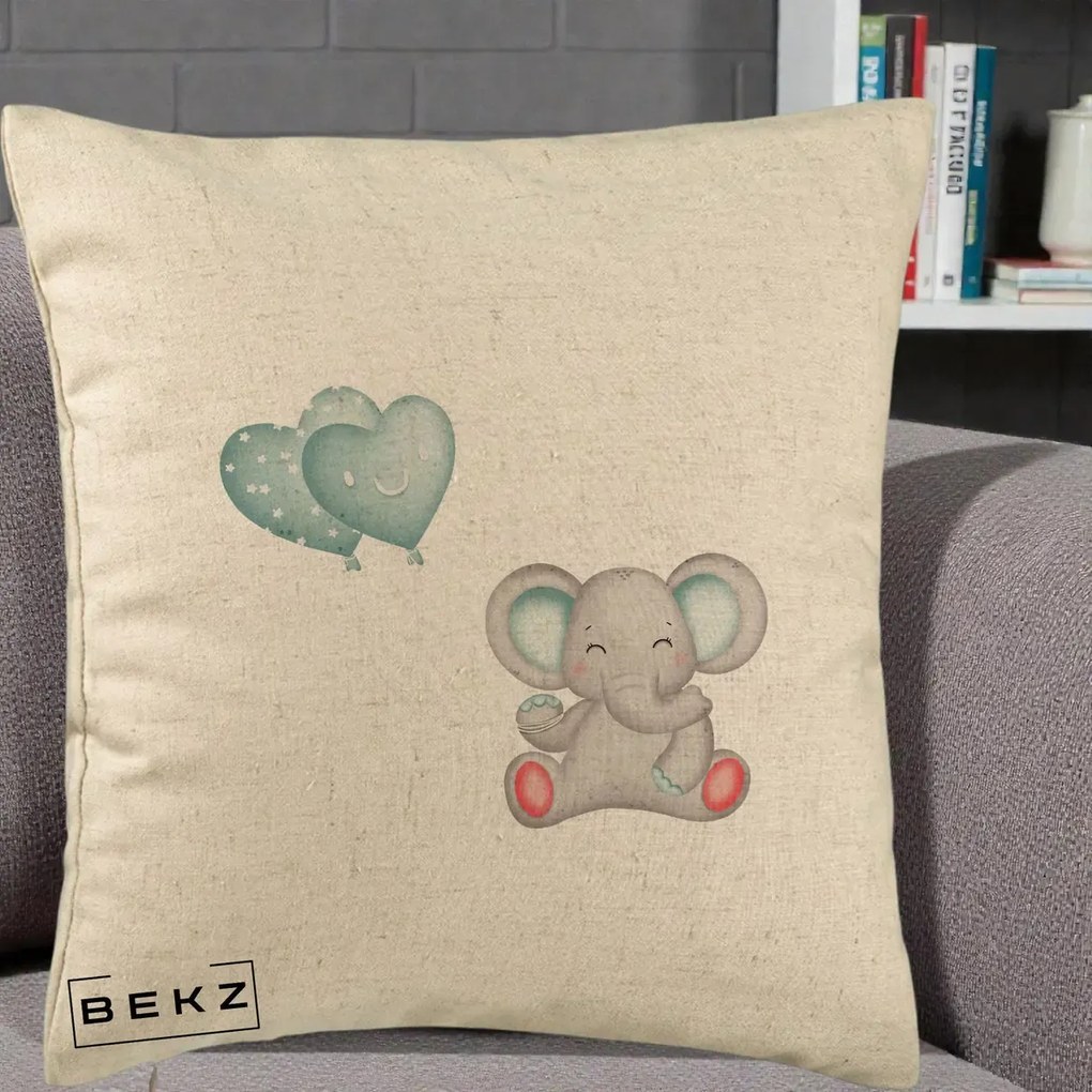 Perna Decorativa, Model Elefant si baloane in forma de inimioare, 40x40 cm, Bej, Husa Detasabila, Perna Inclusa, BEKZ®