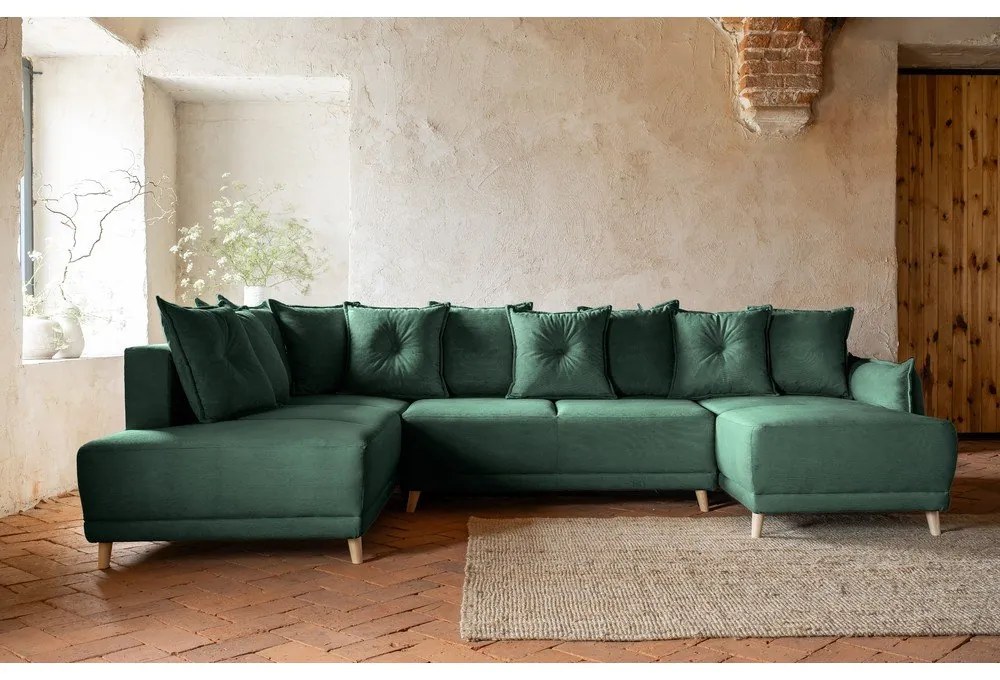 Colțar verde extensibil cu tapițerie din catifea reiată (colț stânga/în formă de "U") Lazy Lukka – Miuform