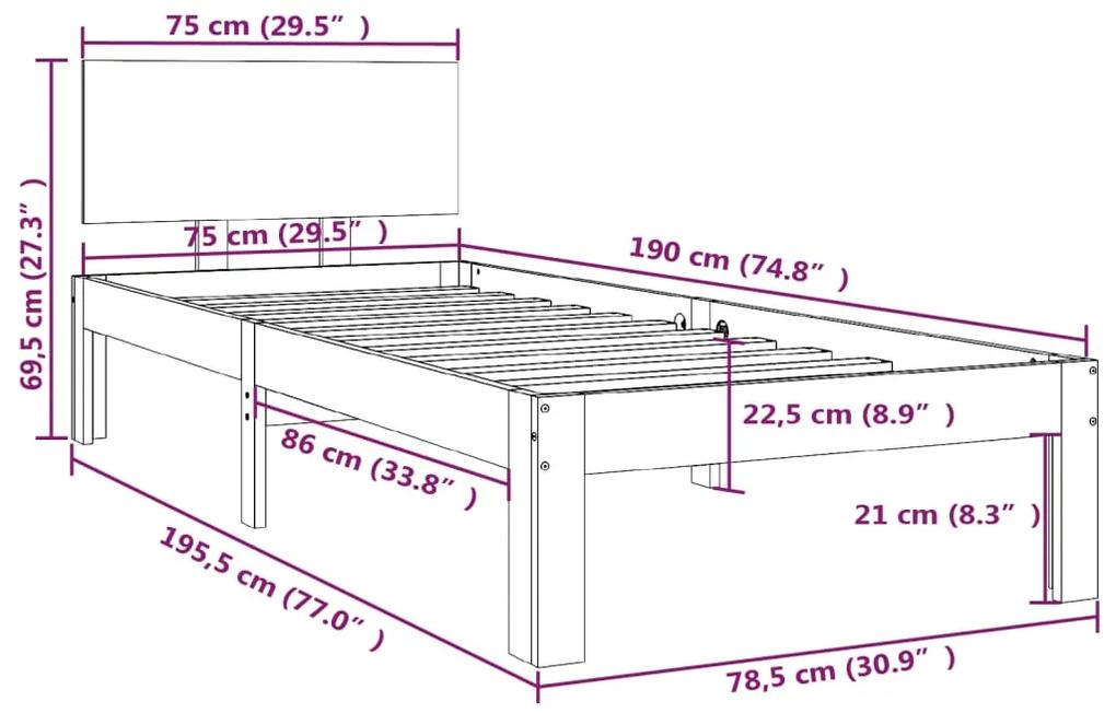 Cadru de pat mic Single 2FT6, gri, 75x190 cm, lemn masiv Gri, 75 x 190 cm