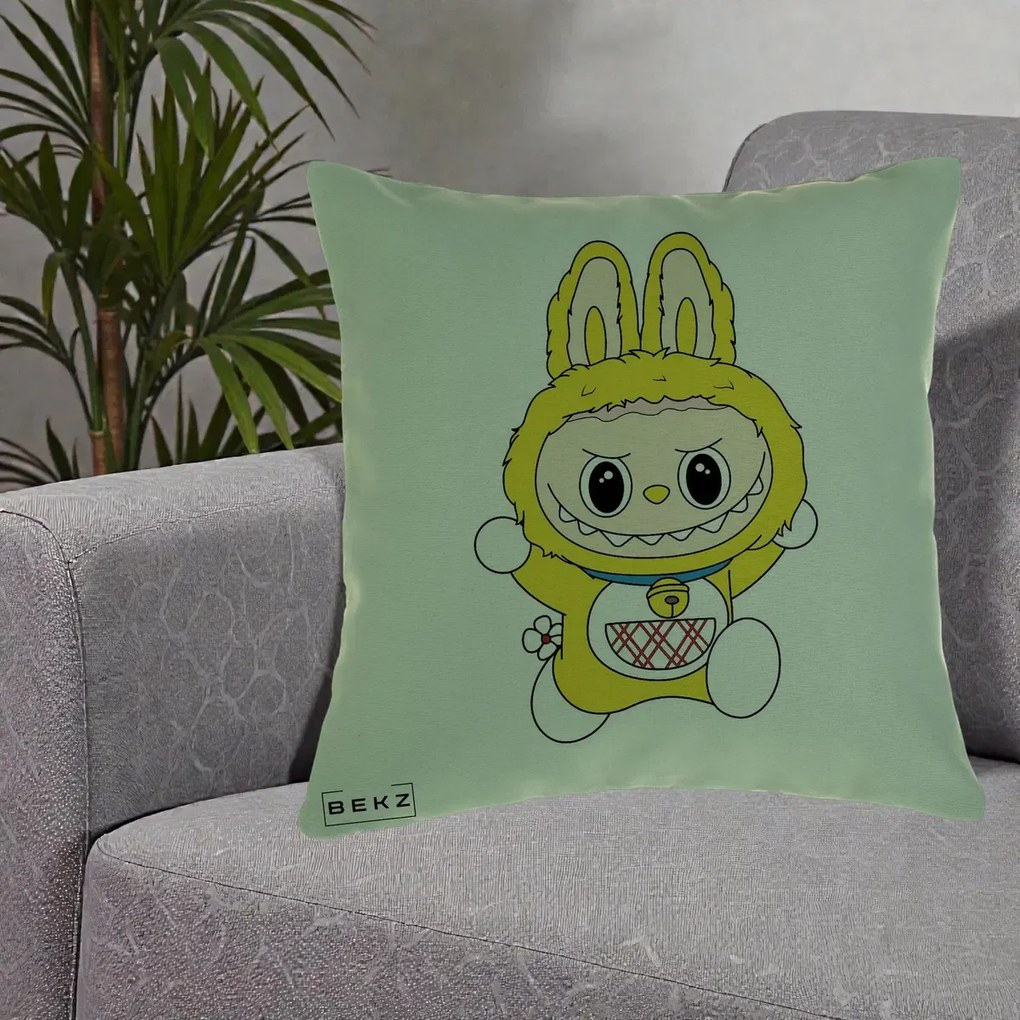 Perna Personalizata Labubu Galben Doraemon, 40x40 cm, Verde, Husa Detasabila, Perna Inclusa, BEKZ®
