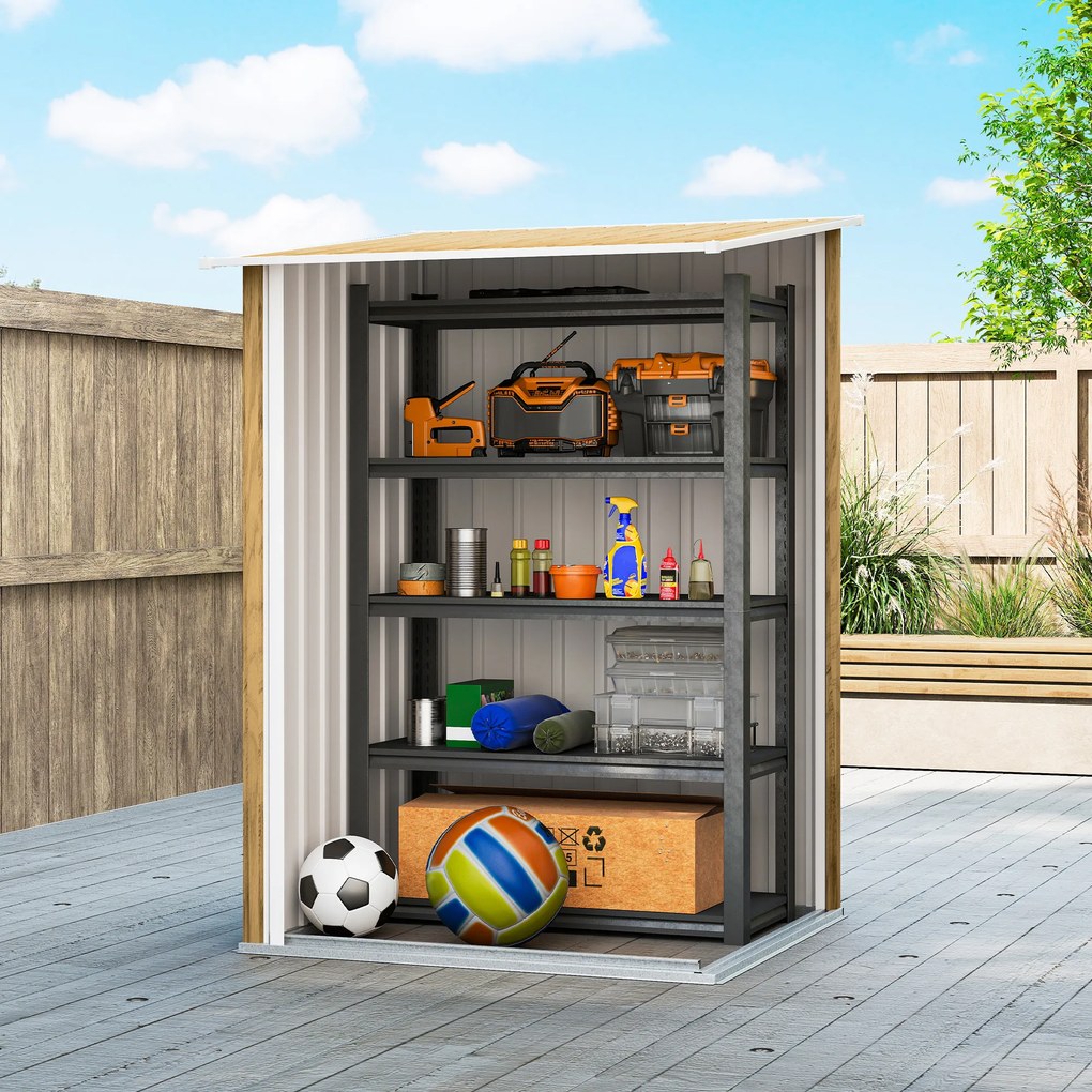 Outsunny Căsuță de Grădină 0.92m² din Oțel Galvanizat, Depozit pentru Unelte cu Ușă Blocabilă, Acoperiș Înclinat, 100x104x160 cm, Maro Deschis cu Aspect de Lemn | Aosom Romania
