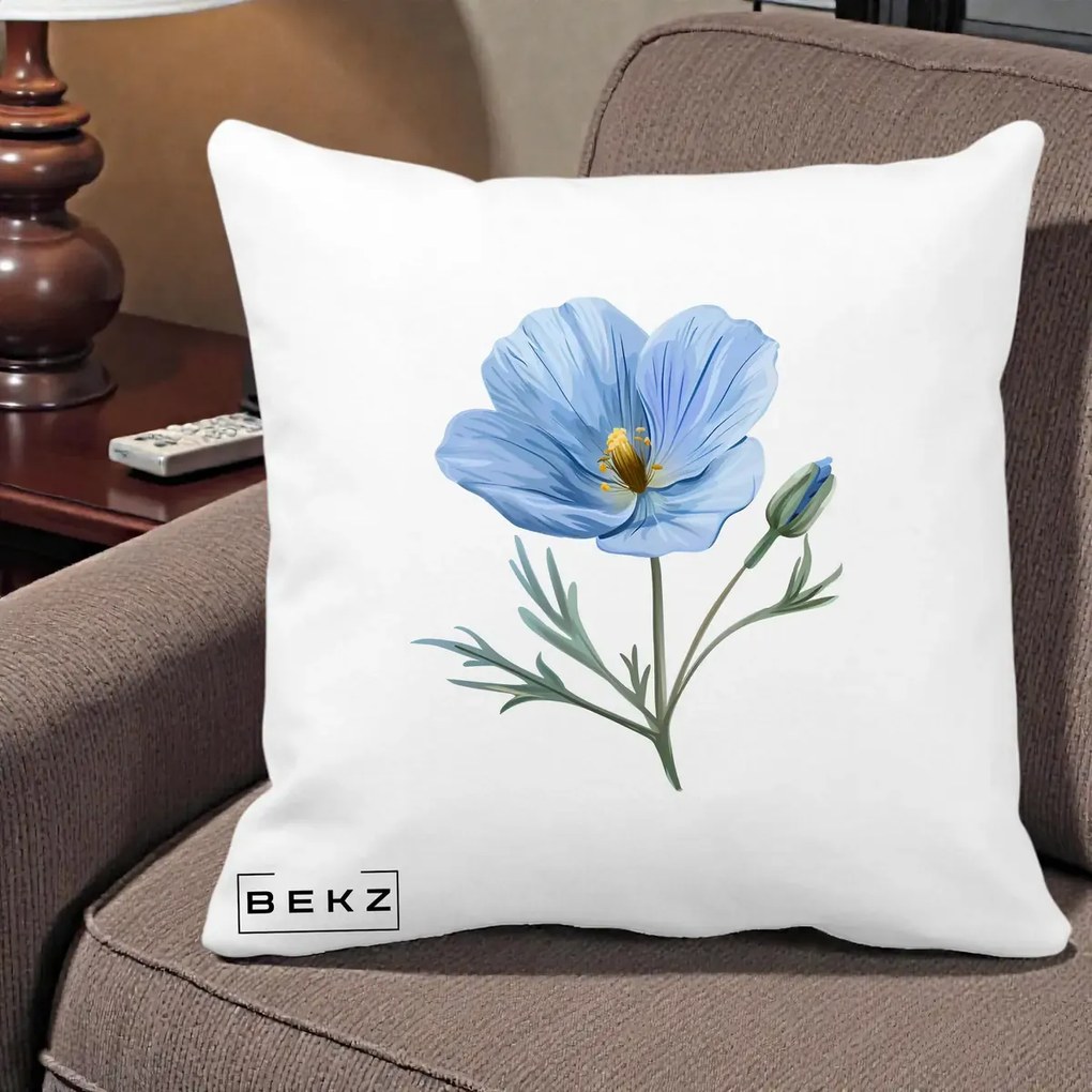 Perna Decorativa Mac Albastru Acuarela, 40x40 cm, Alba Mata, Husa Detasabila, Perna Inclusa, BEKZ®