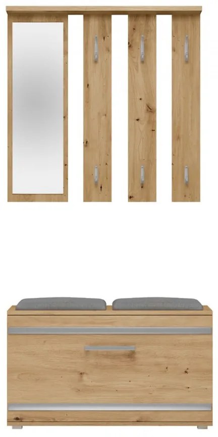 CUI501 - Cuier 85 cm, 6 agatatori haine, hol, lada pantofi, pantofar cu oglinda - Alb / Culoarea Stejar / Sonoma
