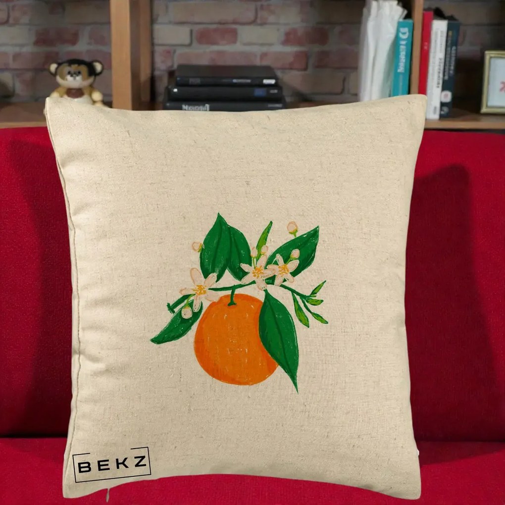 Perna Decorativa Portocala in Floare, 40x40 cm, Bej, Husa Detasabila, Perna Inclusa, BEKZ®