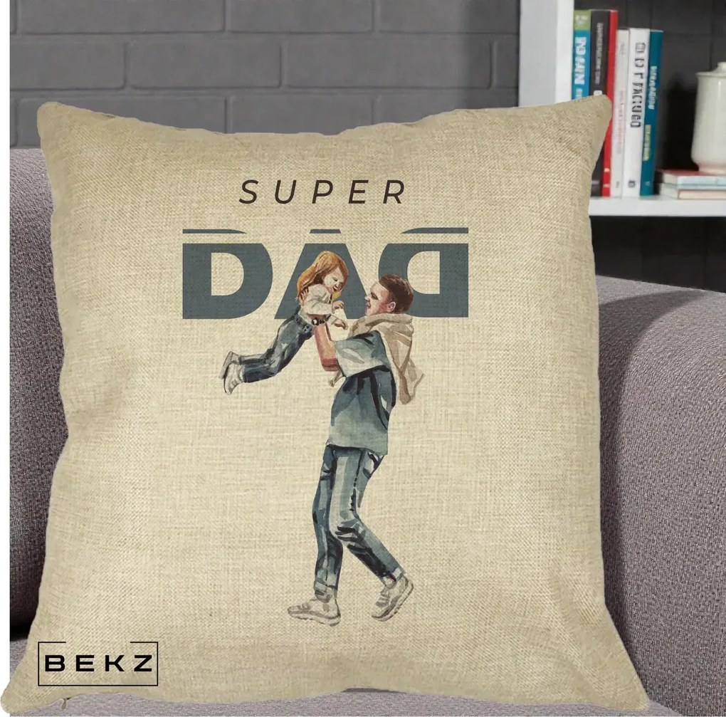 Cadou pentru Tata - Perna Personalizata Super DAD Tata si Fiica, 40x40 cm, Crem, Husa Detasabila, Perna Inclusa, BEKZ®