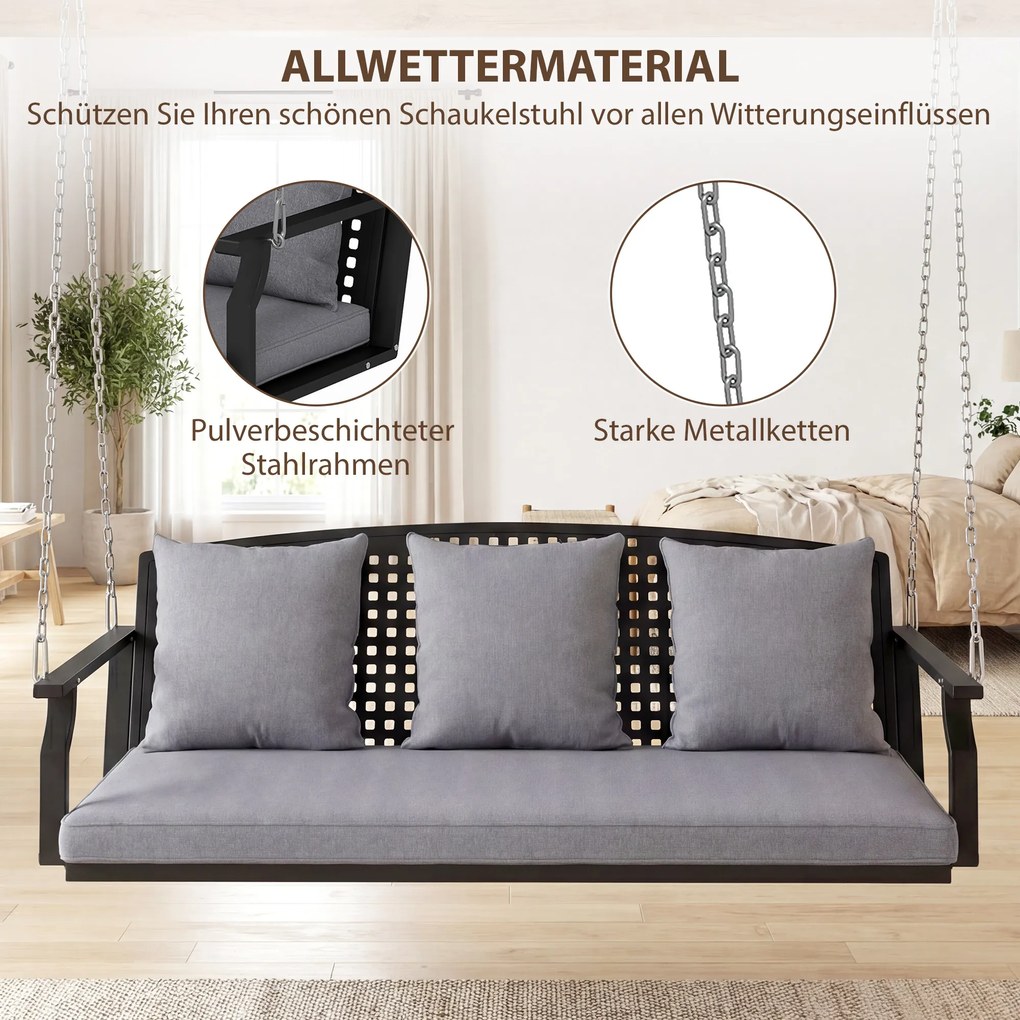 Outsunny Balansoar pentru verandă 3 locuri, bancă de grădină cu 3 perne pentru spate, pernă de șezut, dispozitiv de suspendare, Gri | Aosom Romania